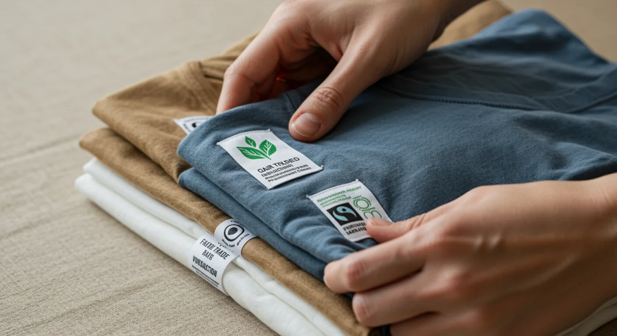 Hands folding organic cotton t-shirts with fair trade labels