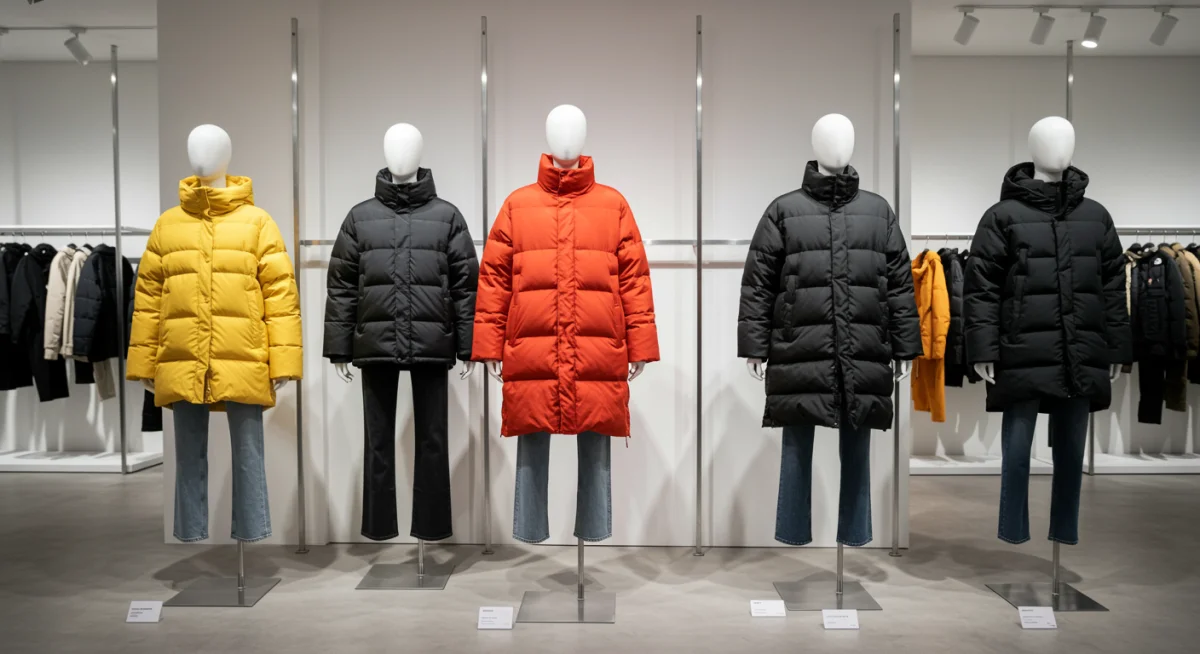 Display of oversized puffer coats for winter 2025