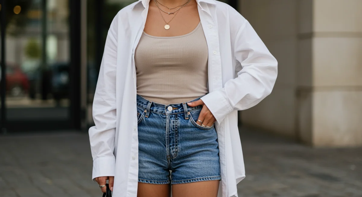 Oversized white shirt layered over tank top