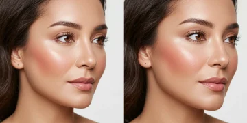 Woman with radiant mature skin, comparing cream and powder blush finishes