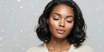Woman with radiant, hydrated skin in a winter setting, showcasing healthy complexion