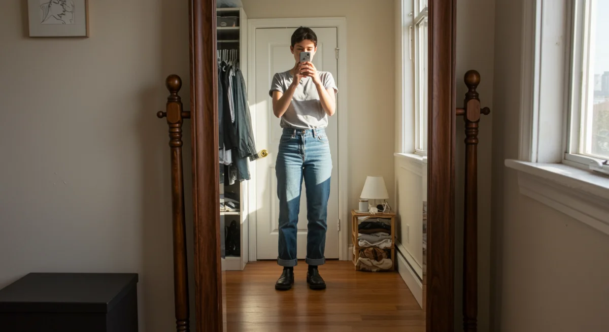 Person refining their aesthetic in front of a mirror with a minimalist wardrobe
