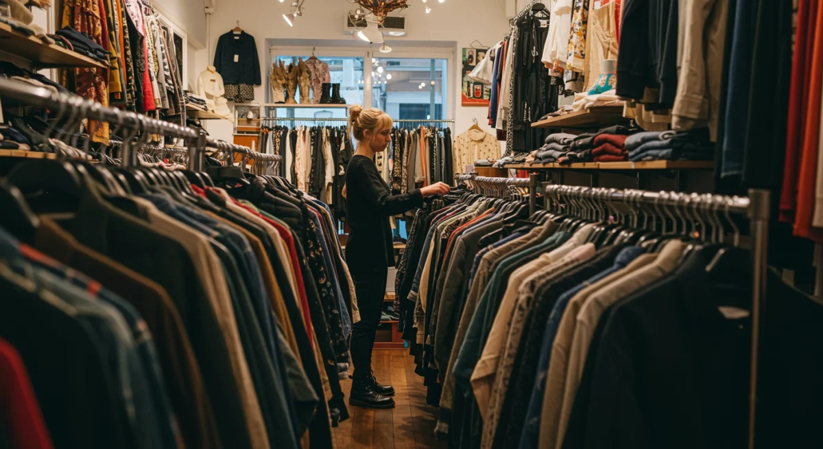 Person exploring a colorful second-hand clothing store for unique finds