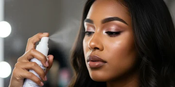 Woman applying setting spray to her flawless, long-lasting makeup.