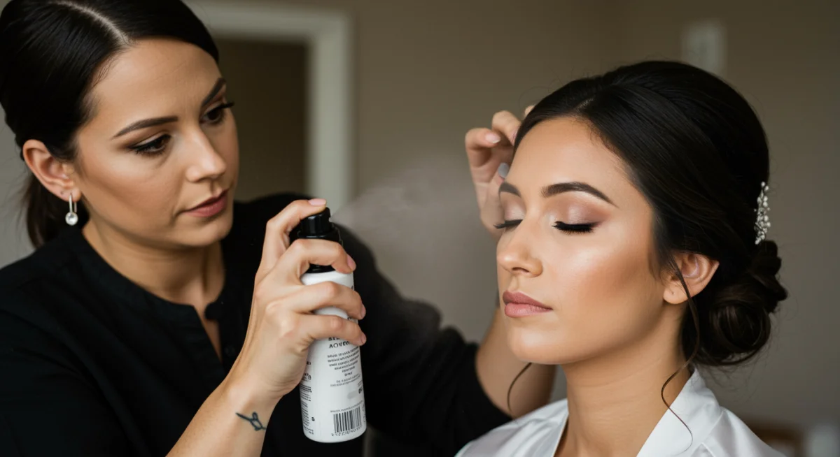 Makeup artist applying setting spray for long-lasting bridal makeup