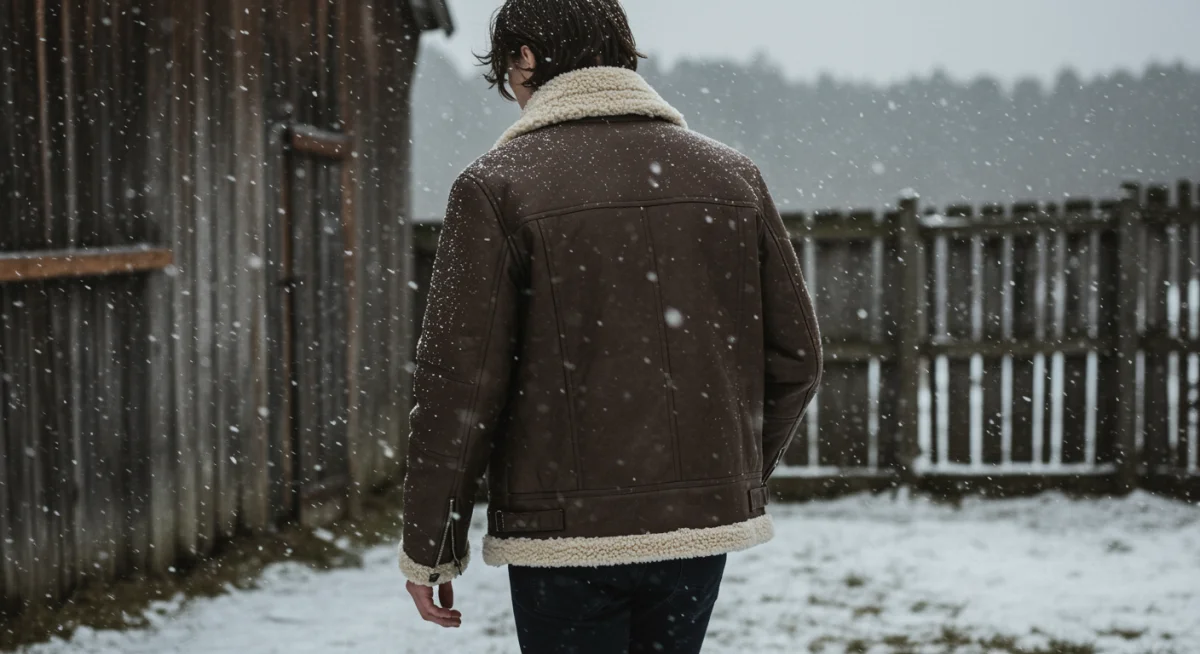 Person in luxurious shearling jacket in snowy nature