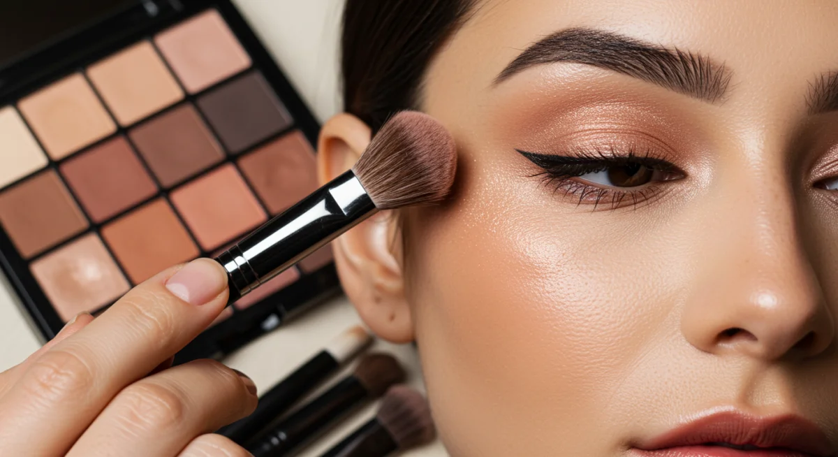 Applying shimmery eyeshadow for an evening makeup look