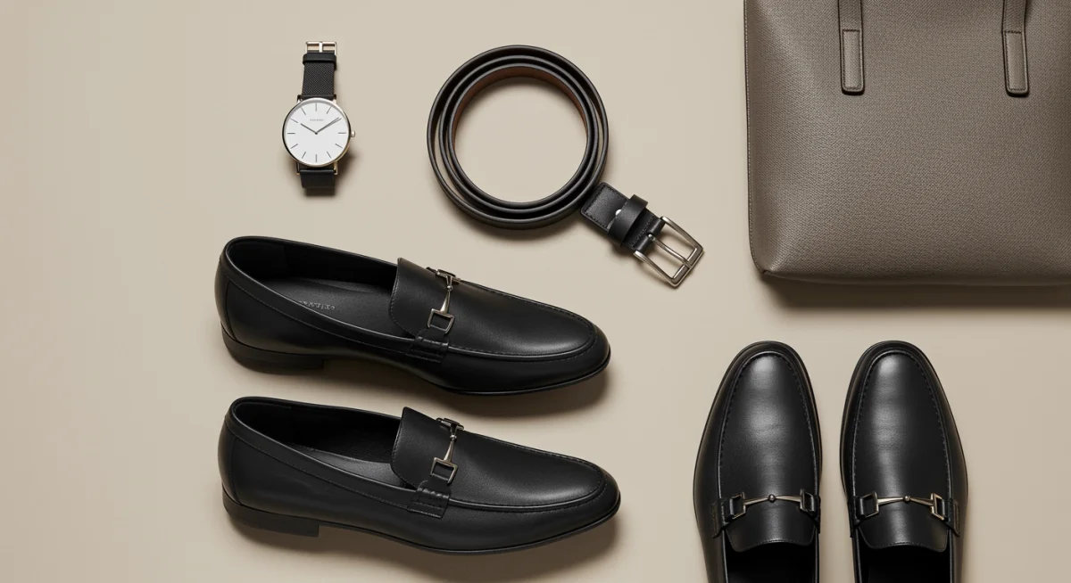 Flat lay of essential smart casual accessories for 2025, including a minimalist watch, leather belt, loafers, and tote bag.
