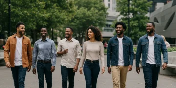 Modern American professionals in redefined smart casual outfits, walking through a city park in 2025.