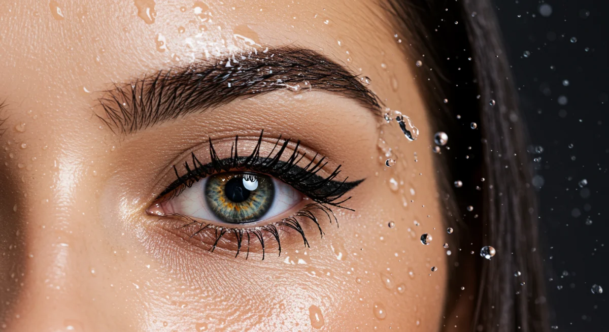 Close-up of smudge-proof waterproof eye makeup on a woman's face