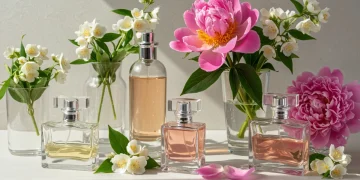 Elegant perfume bottles surrounded by fresh spring flowers like peonies and jasmine, representing the essence of spring 2025 fragrances.