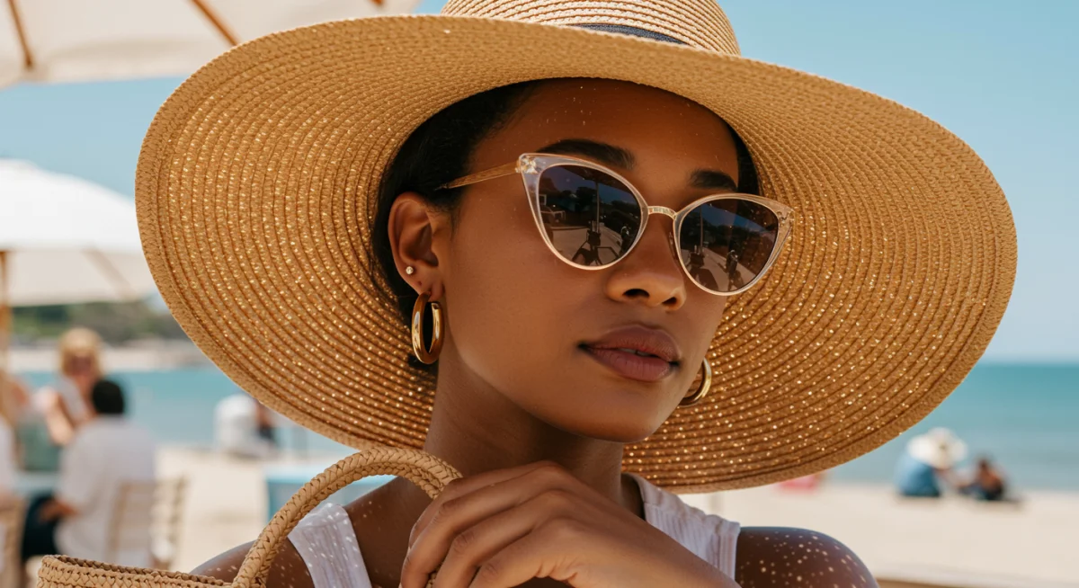 Woman wearing stylish summer accessories, including a straw hat and oversized sunglasses