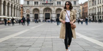 Stylish woman in versatile travel outfit exploring a European city