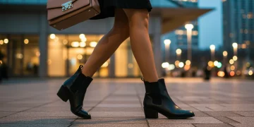 Stylish woman in black ankle boots walking confidently in a modern city setting