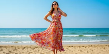 Woman in vibrant summer dress on beach, embodying summer 2025 fashion