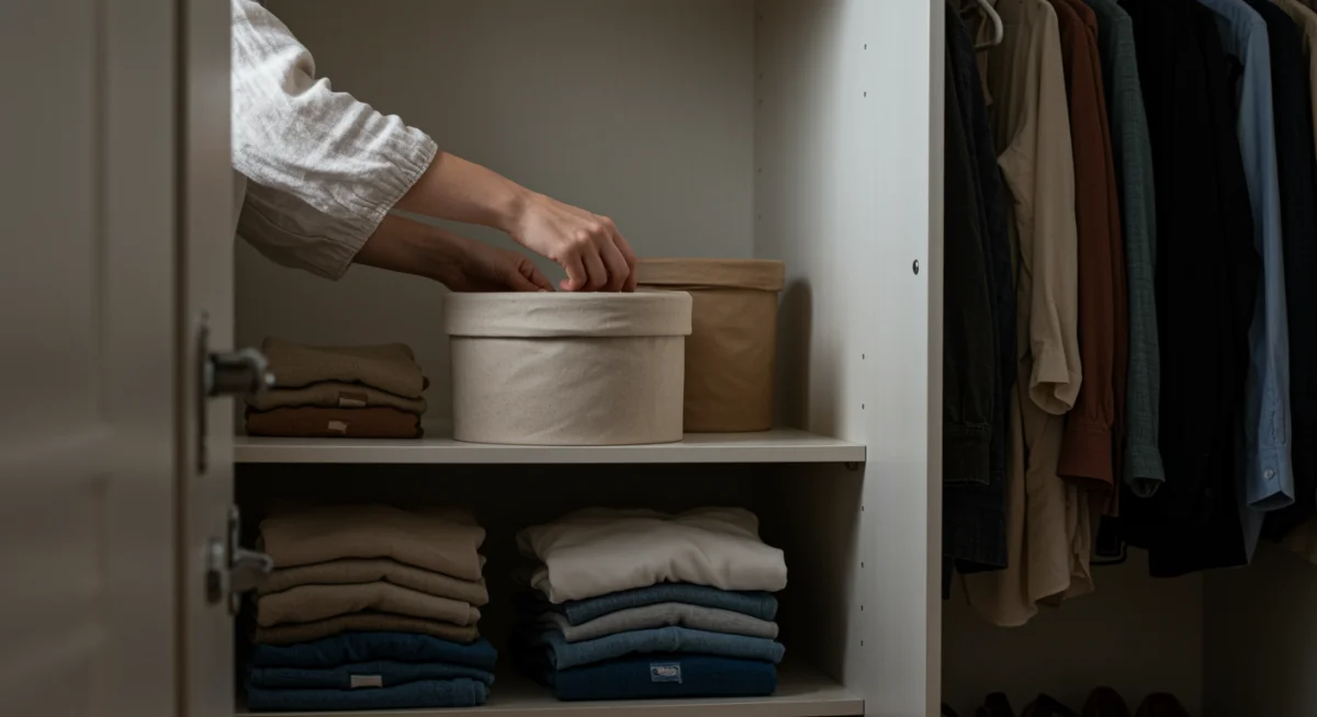 Organized capsule wardrobe with versatile, sustainable clothing items for various outfit combinations.