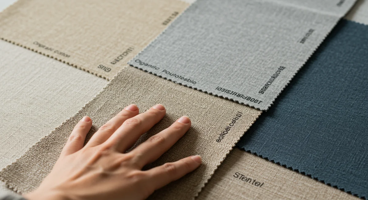 Assortment of sustainable fabric swatches, including organic cotton, hemp, and recycled materials.
