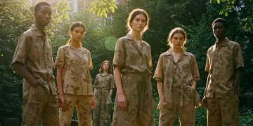 Models wearing chic sustainable fashion outfits in a park setting, embodying eco-conscious style.