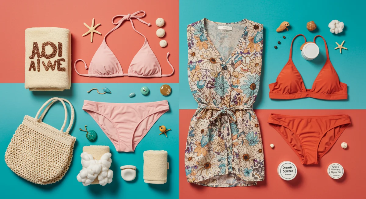 Sustainable swimwear and eco-friendly resort accessories flat lay