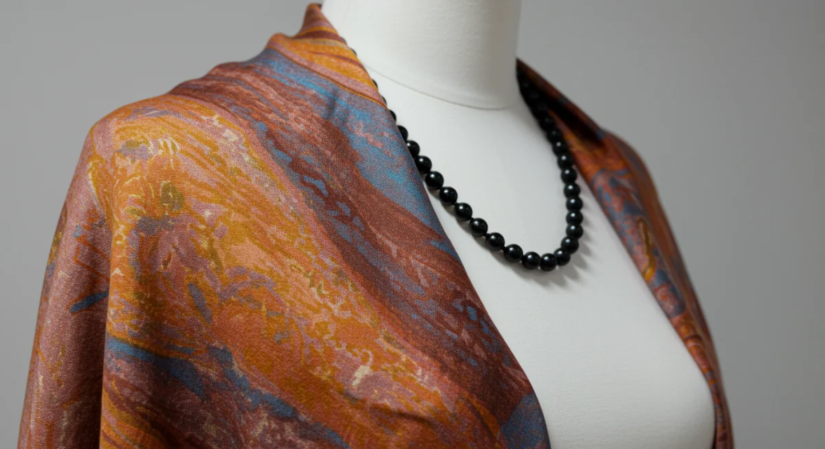 Collection of colorful silk scarves and a beaded necklace showcasing sustainable fashion