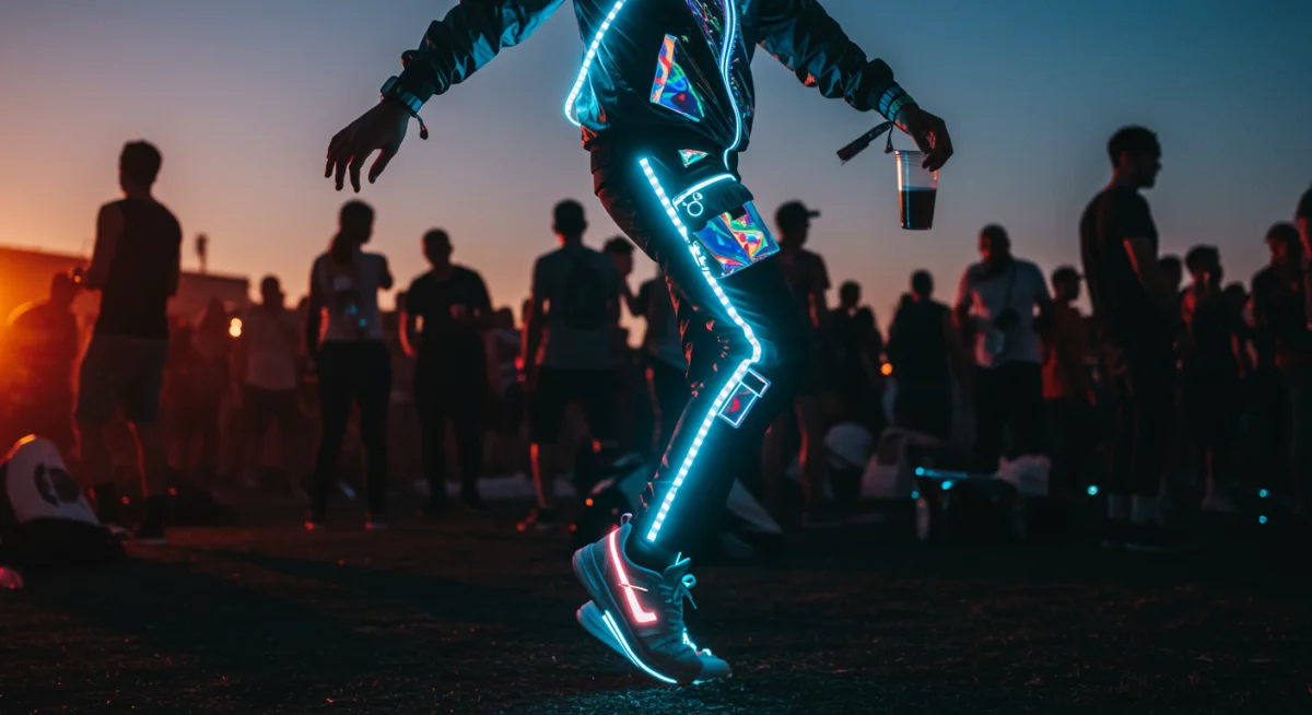 Tech-infused festival outfit with LED lights and holographic details, perfect for 2025.