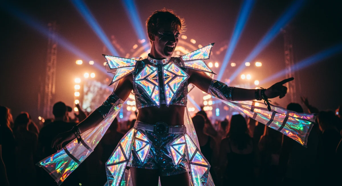 Futuristic festival attire with iridescent fabrics and LED lights at Tomorrowland.