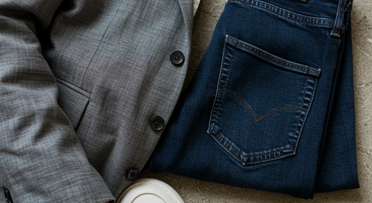 Tailored unstructured blazer with dark wash denim and sleek leather sneakers for a modern smart casual look.