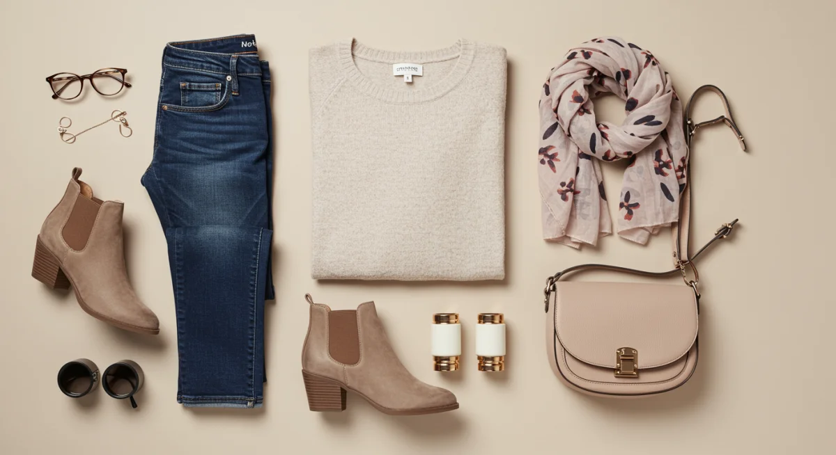 Flat lay of versatile winter to spring outfit essentials