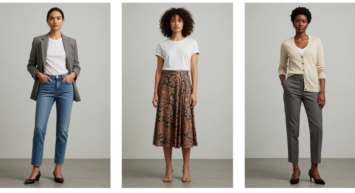 Collage showing three versatile outfits created from core wardrobe items