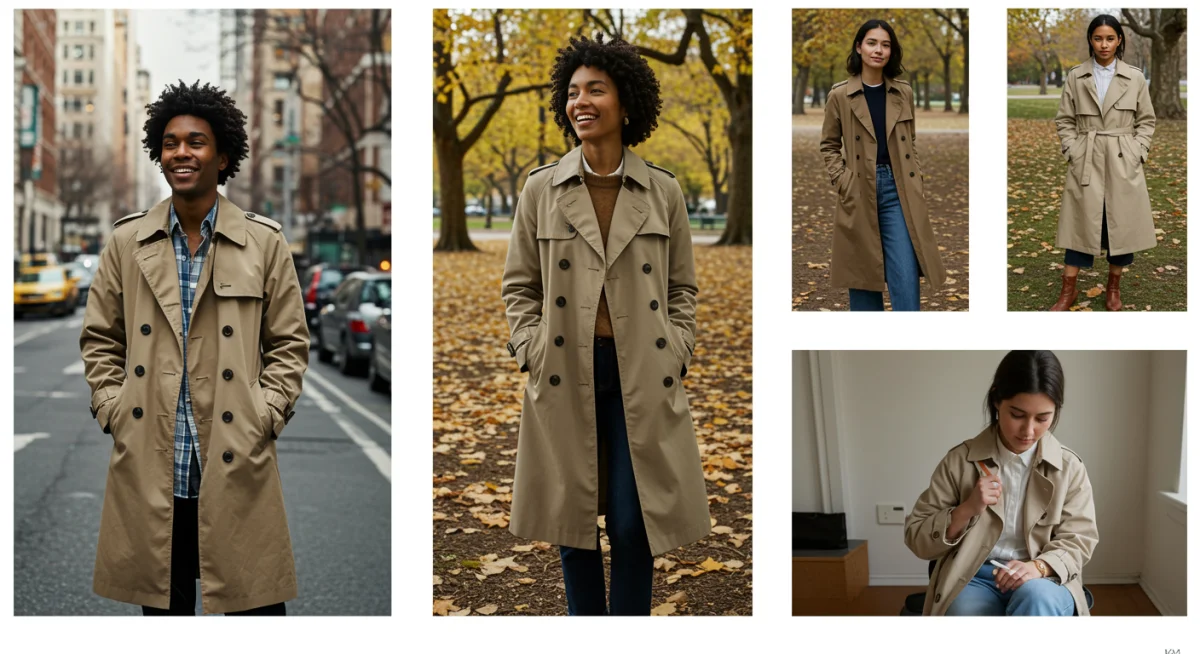 Diverse individuals styling classic trench coats in different environments