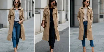 Woman styling a single trench coat in multiple outfits for a maximized wardrobe
