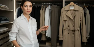Woman in a well-organized capsule wardrobe with versatile clothing