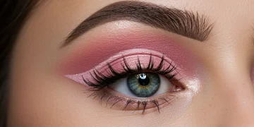 Model with vibrant spring 2025 eye makeup, pastel eyeshadow, delicate liner, groomed brows