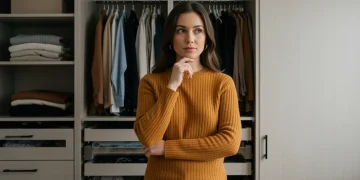 Woman curating a cohesive wardrobe for 2025 in a minimalist closet