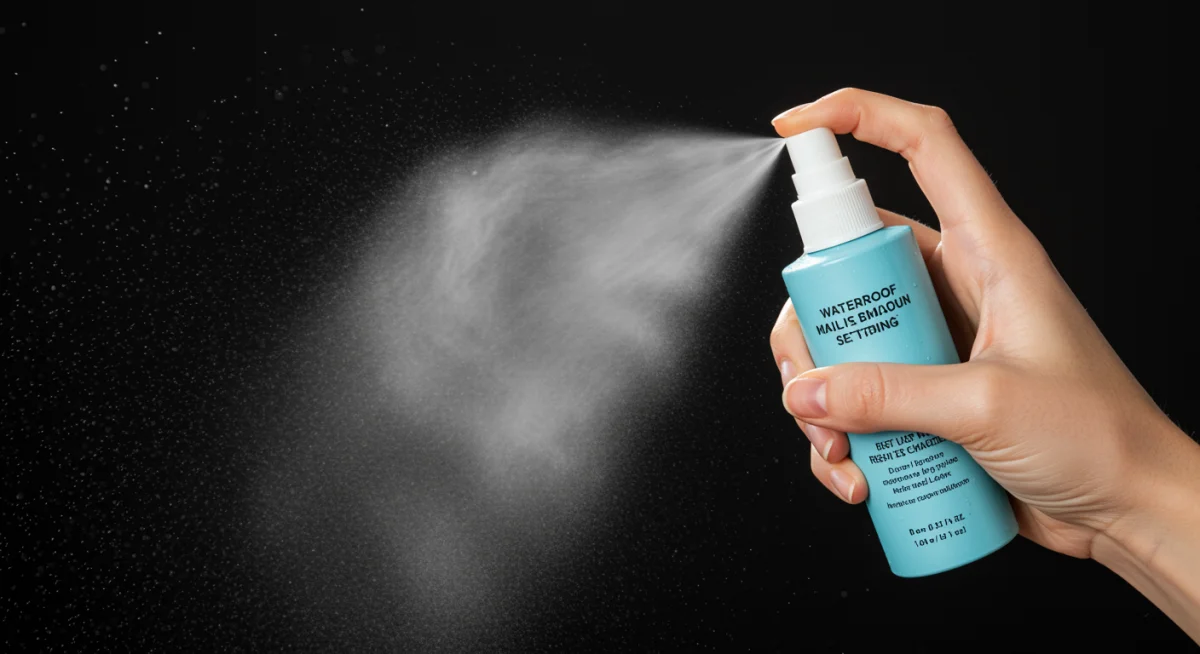 Applying waterproof setting spray to a finished makeup look for durability