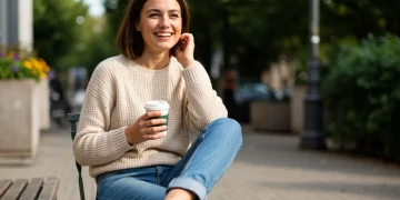 Woman in comfortable chic weekend outfit enjoying morning coffee