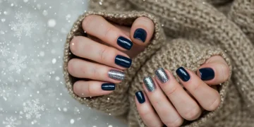 Elegant navy and silver glitter winter 2025 nail art on a woman's hands