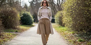 Stylish woman in light trench coat transitioning from winter to spring fashion 2025