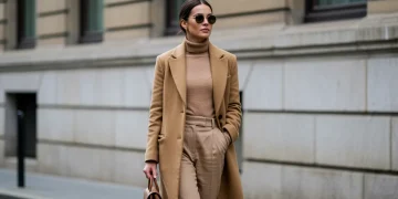 Woman in perfectly color coordinated outfit walking confidently