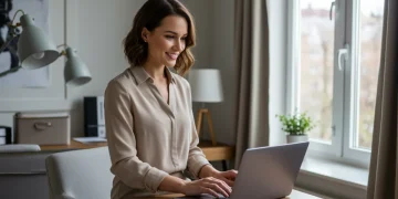 Stylish woman in a chic work-from-home outfit in a modern home office setting.
