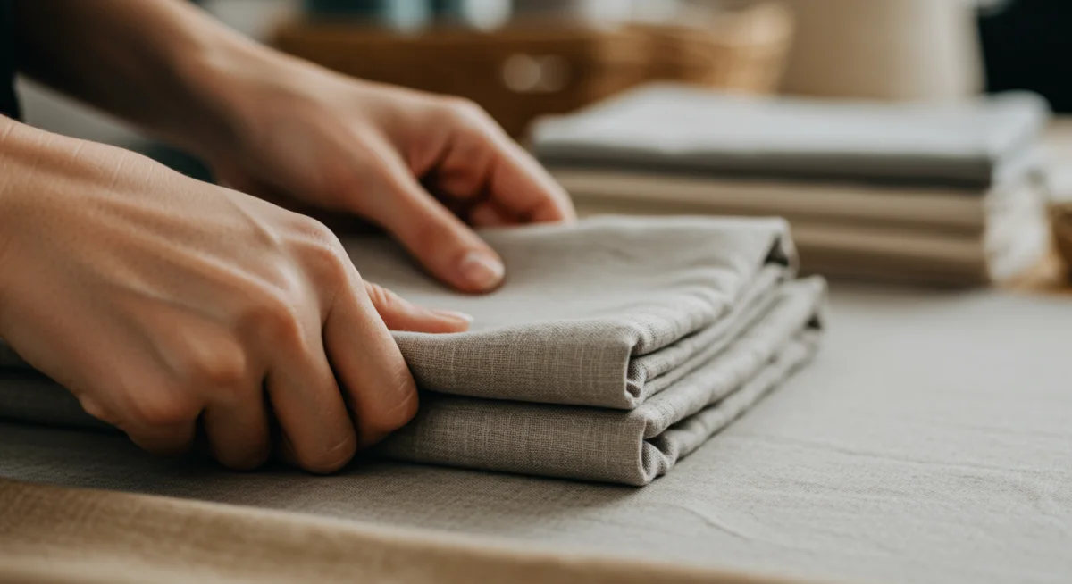 Hands folding organic cotton fabric, symbolizing conscious material choices in sustainable fashion