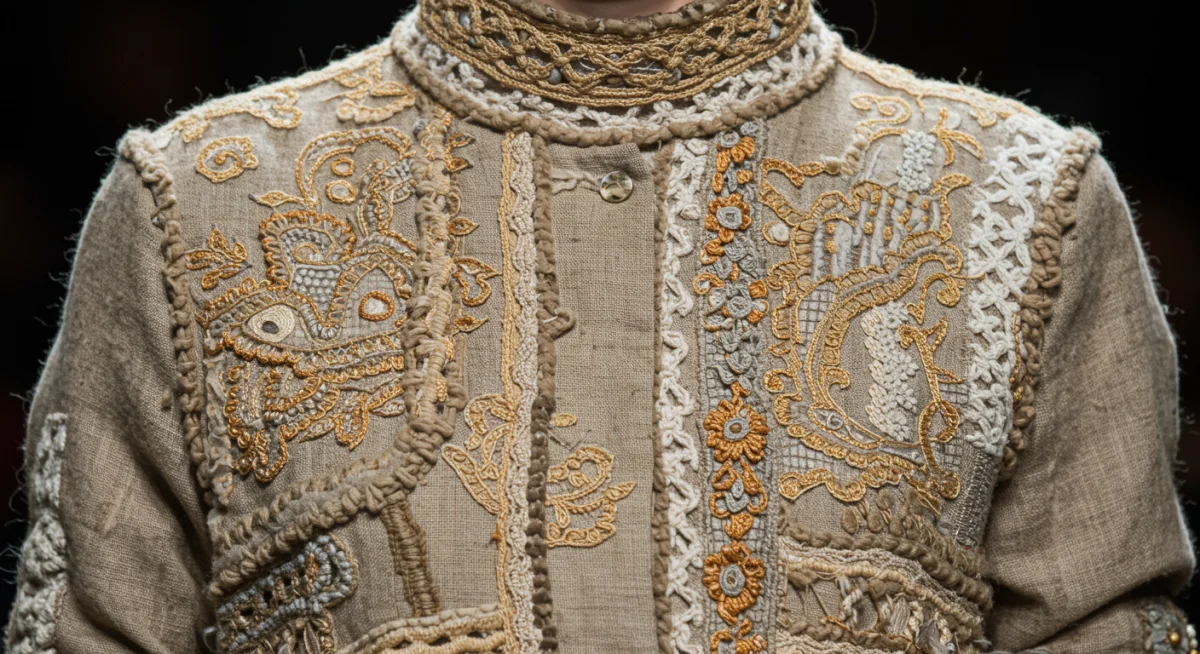 Close-up of upcycled textile outfit with intricate embroidery, showcasing sustainable fashion craftsmanship.