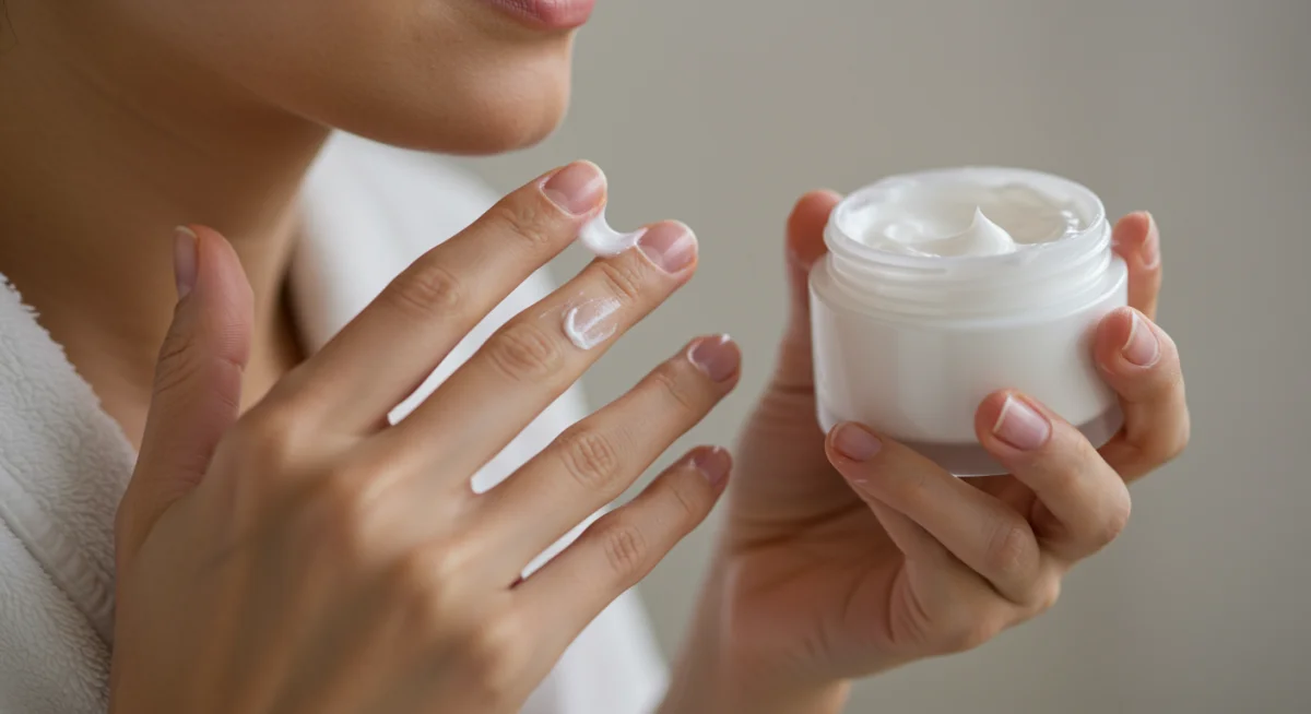Applying rich moisturizer to dry winter skin