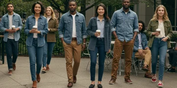 Diverse individuals in stylish, durable casual weekend outfits outdoors.