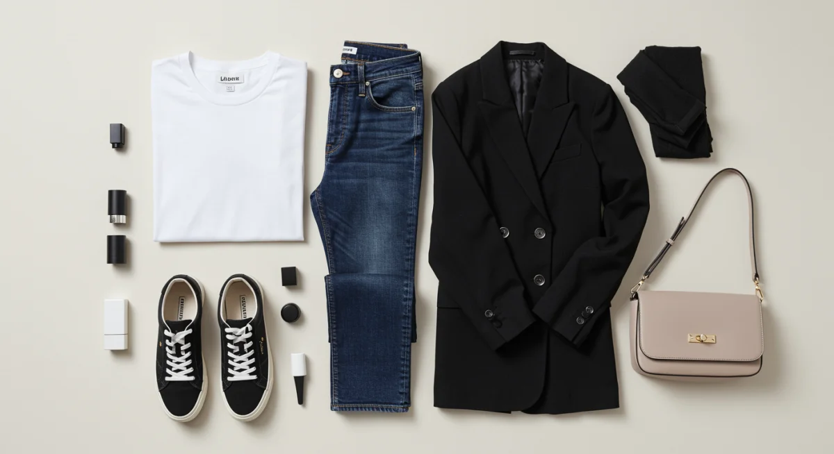 Essential capsule wardrobe items laid out: t-shirt, jeans, blazer, sneakers, handbag