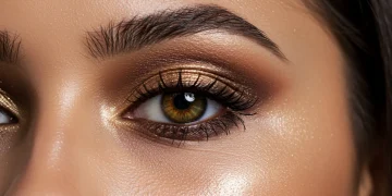 Model with halo eyeshadow in gold and brown tones