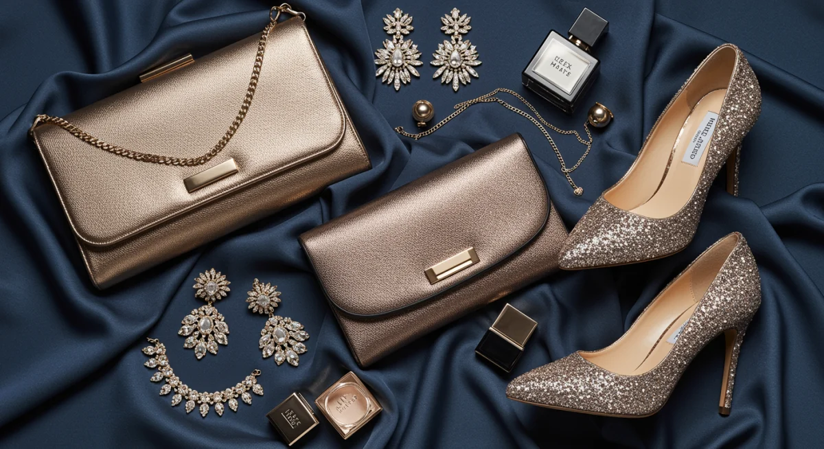 Metallic clutch, statement earrings, and sparkling heels for a holiday party look.