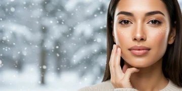 Woman with radiant, healthy skin in a soft winter setting