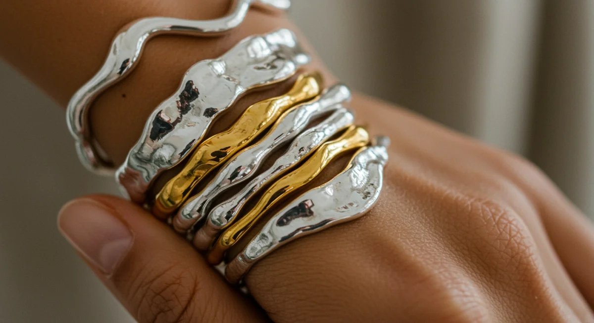 Close-up of sculptural jewelry: stacked irregular rings and a fluid-form bracelet in polished silver and gold.