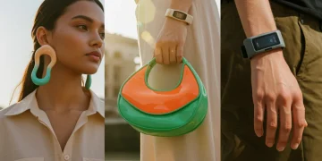 Diverse models display spring 2026 accessory trends: sculptural earrings, avant-garde handbags, sustainable sandals, and smart bracelets in an urban setting.
